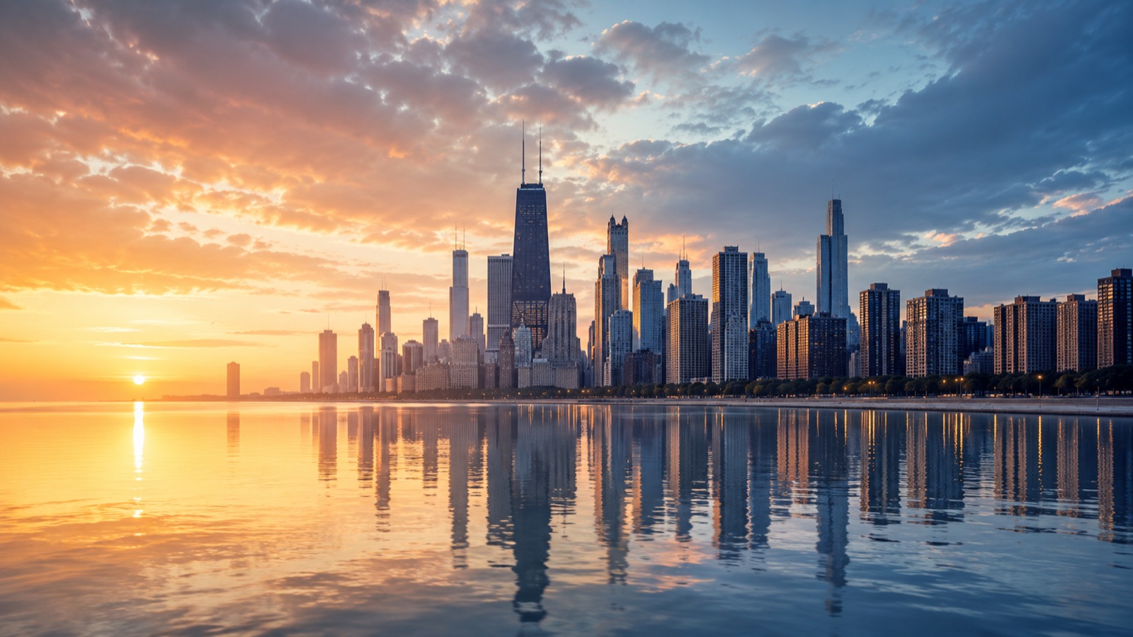 Chicago skyline reflected on Lake Michigan at golden hour